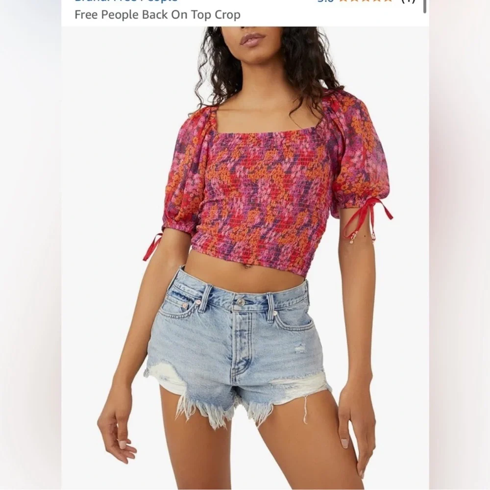 Free People Back On Cropped Top Smocked‎ Floral Print Balloon Sleeve NWT 273095